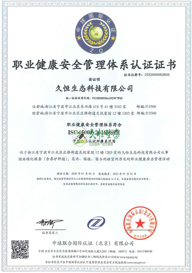 柯桥职业健康安全管理体系ISO45001证书